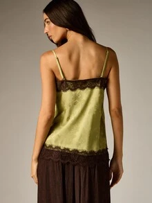 AiiRZ Floral Jacquard Satin Cami Top With Dark Lace Trim Square Neck Adjustable Straps Summer Night Out Party Top - Green - View 2