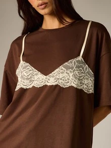 AiiRZ Oversized Boxy Crew Neck Short Sleeve Solid T-Shirt Relaxed Fit Drop Shoulder Casual Everyday Essential Top - Brown - View 4