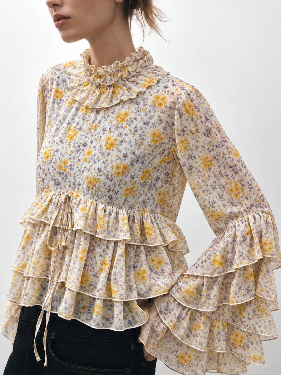 Zerodot Women Floral Print Tiered Bell Sleeve With Tie Back Detail Ruffle Blouse Office Casual Spring Fall Pre Fall - Khaki - View 1