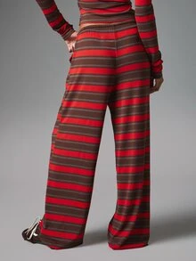 MISSGUIDED Wide Leg Striped Casual Pants With Drawstring Elastic Waist Retro Multi-Stripe Full Length Flowy Trousers Fall Winter Style - Multicolor - View 2