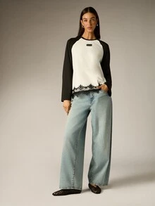 AiiRZ Contrast Raglan Long Sleeve Blouse With Black Lace Hem Trim And Logo Patch Detail Crew Neck Top - Black and White - View 3