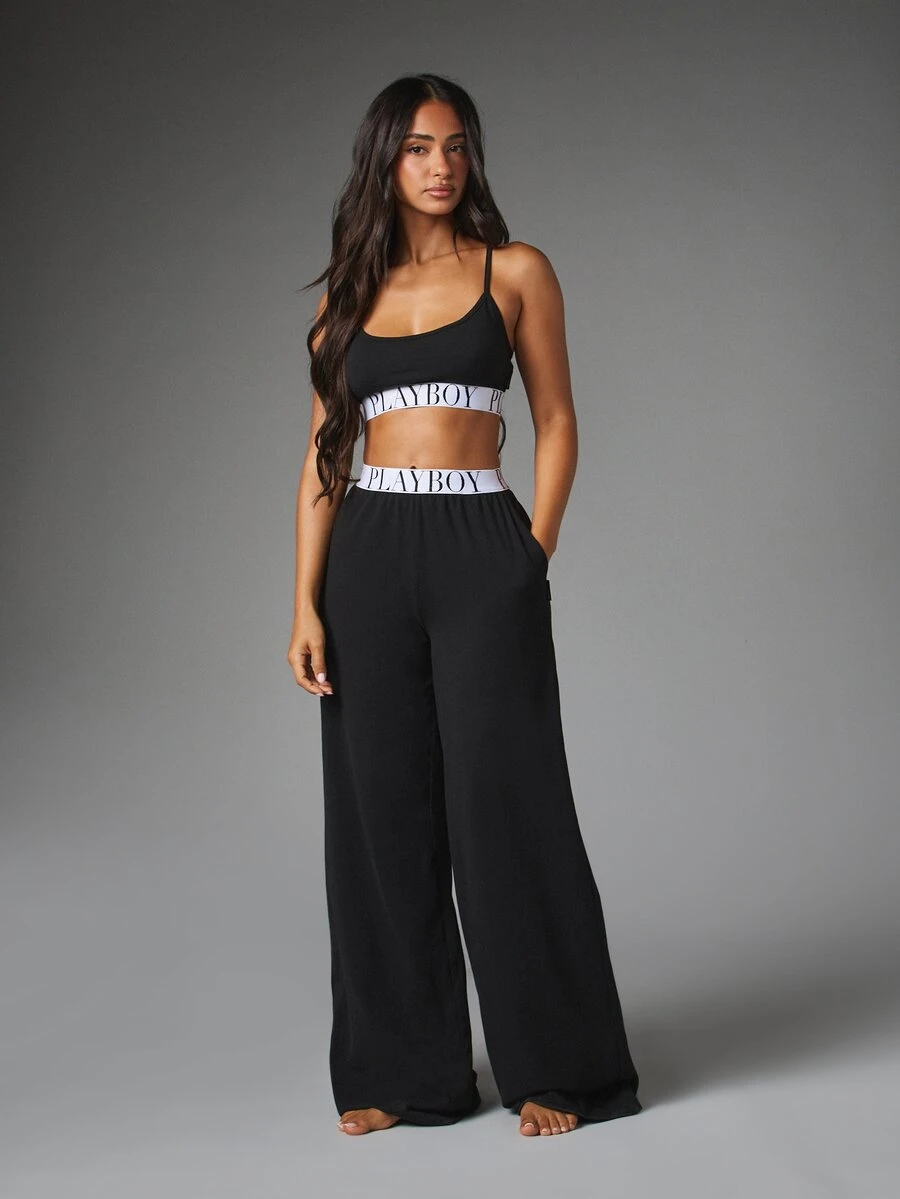 Missguided x Playboy Logo Band Scoop Neck Sleeveless Crop Bralette And Wide Leg High Rise Full Length Casual Pants Co-Ord Set - Black - View 1