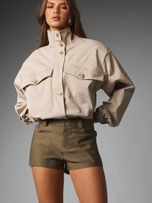 MISSGUIDED High Rise Fitted Mini Shorts With Side Pockets In Olive Tone Tailored Finish Summer Festival Holiday Wardrobe Essential - Army Green - View 4