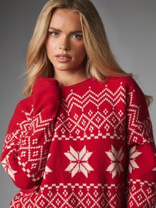 MISSGUIDED Fair Isle Snowflake Knit Sweater With Crew Neck Long Sleeves Christmas Holiday Winter Pullover Jumper Festive Nordic Pattern - Red and White - View 5