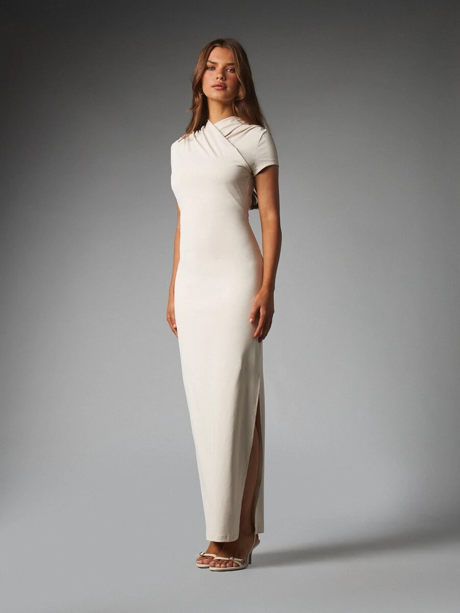 MISSGUIDED Elegant Maxi Bodycon Dress With High Neck Cap Sleeve Ruched Detail And Side Slit Perfect For Evening Formal And Party Occasions - Apricot - View 1