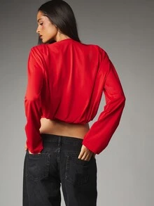 MISSGUIDED Deep Plunge V-Neck Long Puff Sleeve Crop Blouse With Elasticated Hem Wrap Style Draped Front Party Night Out Top - Burgundy - View 3