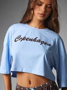 MISSGUIDED Copenhagen Script Chest Print Oversized Crop Tee And Polka Dot Ruffle Hem Mini Shorts Co-Ord Two Piece Set Summer Festival - Multicolor - View 6