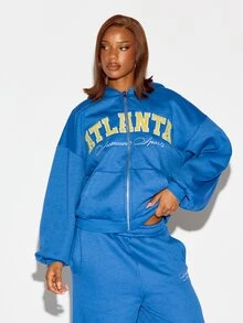 SUMWON WOMEN Winter Essentials Atlanta Sports Oversized Full-Zip Sweatshirt With Varsity Applique Print Long Sleeve Side Pockets Fall Winter Casual Streetwear Autumn Warm Cozy - Blue - View 4