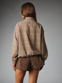 MISSGUIDED Plaid Wool-Blend Oversized Bomber Jacket With Stand Collar Ribbed Hem And Side Pockets Fall Winter Outerwear - Multicolor - View 2