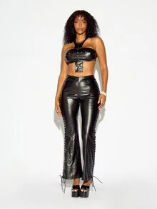 SUMWON WOMEN Faux Leather Crocodile Embossed High Rise Flared Pants With Side Lace-Up Eyelet Detail Full Length Bootcut Trousers Halloween Autumn Winter - Black - View 4
