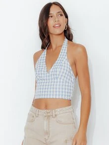 Pimkie Edition Women's Plaid Casual Versatile Daily Wear Halter Top - Blue and White - View 1