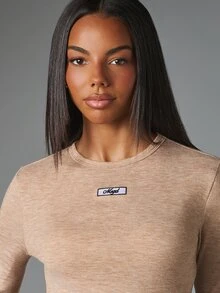 MISSGUIDED Long Sleeve Bell Cuff Mini Dress With Crew Neck Lettuce Hem Fit And Flare Silhouette Logo Patch Detail Party Season Autumn Winter - Khaki - View 4