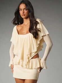 MISSGUIDED Ruffle Overlay Crop Blouse With Scoop Neck Bell Sleeve Open Back Tie Detail Flowy Chiffon Summer Night Out Top - Apricot - View 5