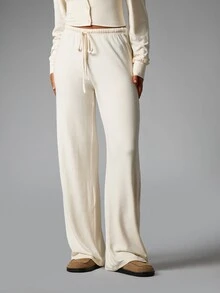 MISSGUIDED Soft Knit Wide Leg Casual Pants With Elastic Drawstring Waist Full Length Relaxed Fit Loungewear Co-Ord Bottom - White - View 3