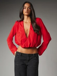 MISSGUIDED Deep Plunge V-Neck Long Puff Sleeve Crop Blouse With Elasticated Hem Wrap Style Draped Front Party Night Out Top - Burgundy - View 1