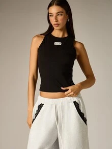 AiiRZ Ribbed Crop Tank Top With Logo Patch Detail Sleeveless Crew Neck Fitted Summer Essential Style - Black - View 1