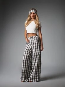 MISSGUIDED Everyday Essentials Plaid Wide Leg Lounge Pants And Matching Sleep Mask Cozy Pajama Set - Multicolor - View 1