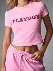 Missguided x Playboy Sequin Logo Crop T-Shirt With Puff Sleeves Crew Neck Summer Festival Slim Fit Tee Sparkle Embellished Chest Text - Pink - View 1