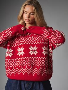 MISSGUIDED Fair Isle Snowflake Knit Sweater With Crew Neck Long Sleeves Christmas Holiday Winter Pullover Jumper Festive Nordic Pattern - Red and White - View 1