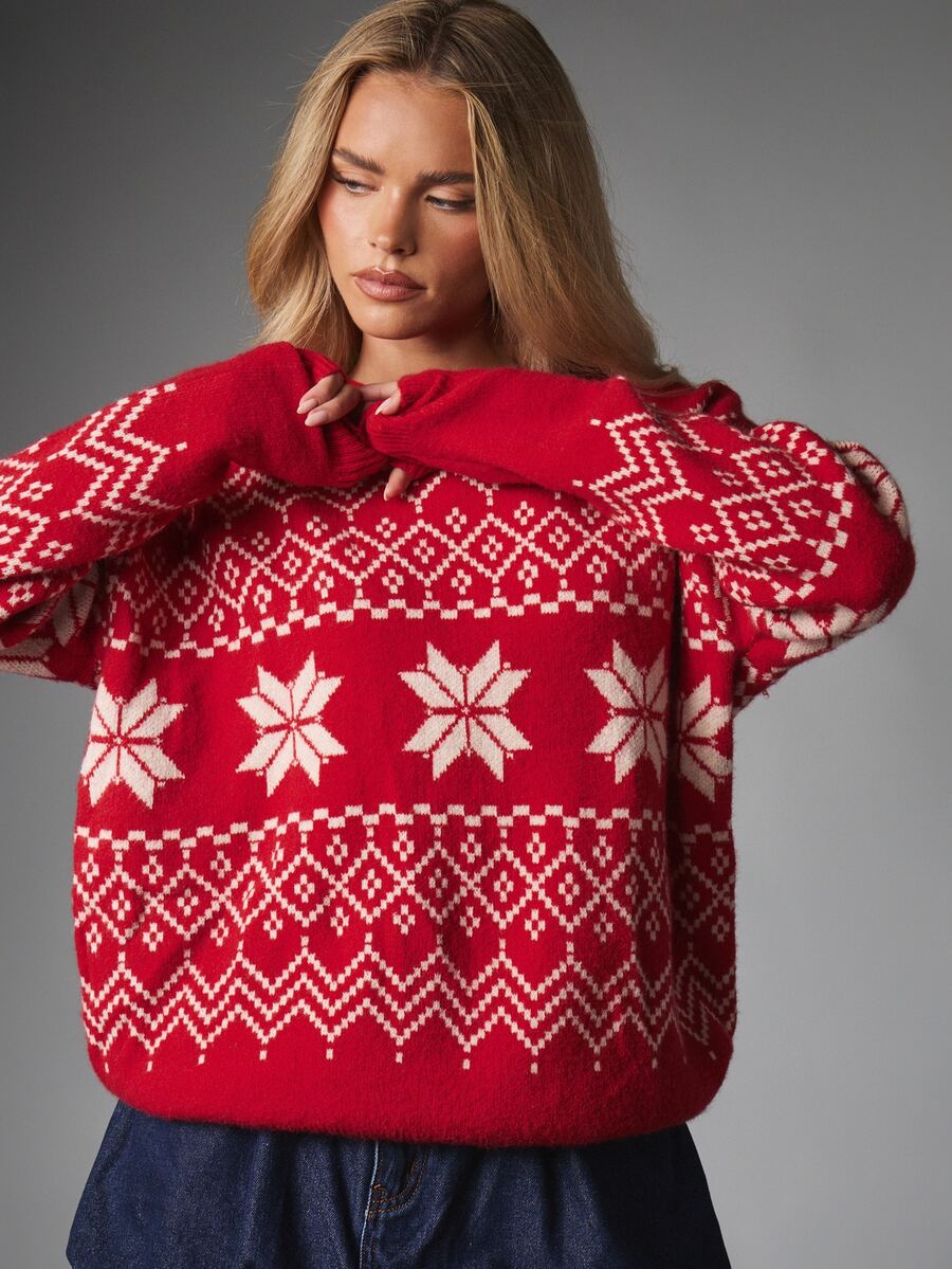MISSGUIDED Fair Isle Snowflake Knit Sweater With Crew Neck Long Sleeves Christmas Holiday Winter Pullover Jumper Festive Nordic Pattern - Red and White - View 1