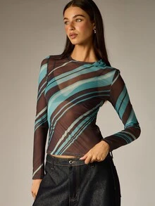 AiiRZ Diagonal Stripe Sheer Mesh Long Sleeve Crop Top Fitted Crew Neck See Through Layer Fall Winter Night Out - Multicolor - View 4