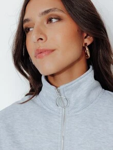 Pimkie Edition Women's Solid Color Drop Shoulder Long Sleeve Zip-Up Casual Sweatshirt - Grey - View 4