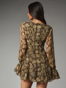MISSGUIDED Paisley Print Chiffon Mini Dress With V-Neck Bell Sleeves Button Front Fit And Flare Silhouette Ruffle Hem Boho Style Fall Festival - Multicolor - View 3