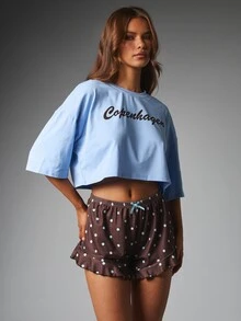 MISSGUIDED Copenhagen Script Chest Print Oversized Crop Tee And Polka Dot Ruffle Hem Mini Shorts Co-Ord Two Piece Set Summer Festival - Multicolor - View 4