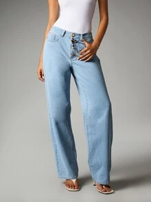 MISSGUIDED Celana Jeans Denim Potongan Lebar Warna Terang dengan Kancing Hati Emas Dekoratif di Bagian Depan, Pinggang Sedang, Panjang Penuh, Gaya Kasual Musim Panas untuk Pesta. - Biru - View 1