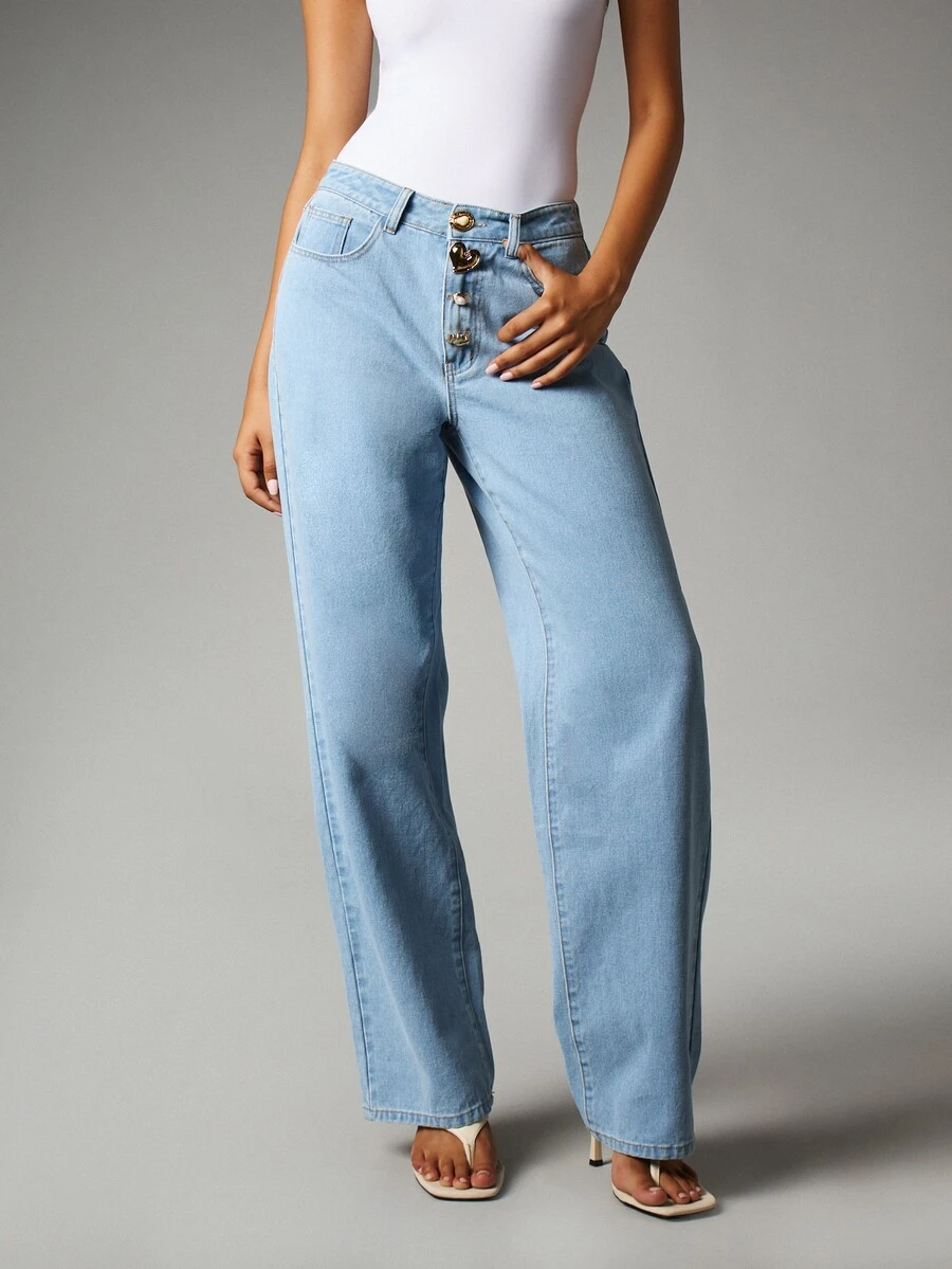 MISSGUIDED Celana Jeans Denim Potongan Lebar Warna Terang dengan Kancing Hati Emas Dekoratif di Bagian Depan, Pinggang Sedang, Panjang Penuh, Gaya Kasual Musim Panas untuk Pesta. - Biru - View 1
