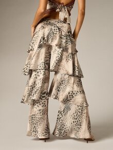 AiiRZ Tiered Ruffle Wide Leg Pants Mixed Animal Print Satin Flared Full Length Lace Trim Waist Party Festival Summer Holiday - Multicolor - View 2