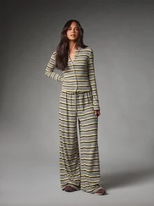 MISSGUIDED Setelan Atasan Henley Lengan Panjang Berkancing Depan dan Celana Panjang Lebar dengan Tali Serut, Terbuat dari Bahan Rajut Jersey Bergaris-garis. - Grey - View 3