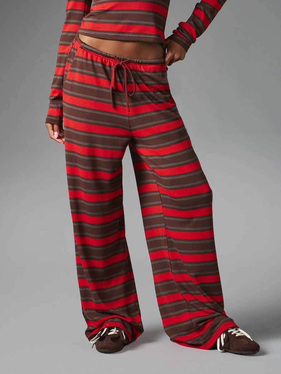 MISSGUIDED Wide Leg Striped Casual Pants With Drawstring Elastic Waist Retro Multi-Stripe Full Length Flowy Trousers Fall Winter Style - Multicolor - View 1