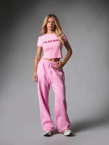 Missguided x Playboy Sequin Logo Crop T-Shirt With Puff Sleeves Crew Neck Summer Festival Slim Fit Tee Sparkle Embellished Chest Text - Pink - View 2