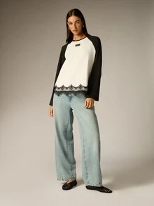 AiiRZ Contrast Raglan Long Sleeve Blouse With Black Lace Hem Trim And Logo Patch Detail Crew Neck Top - Black and White - View 5