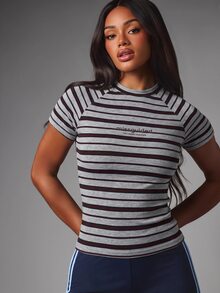 MISSGUIDED New Season Essentials Striped Slim Fit Tee With Crew Neck And Raglan Short Sleeves Logo Print - Grey - View 1
