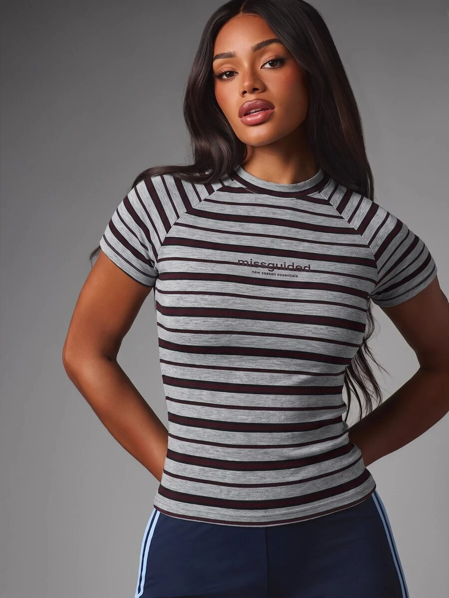 MISSGUIDED New Season Essentials Striped Slim Fit Tee With Crew Neck And Raglan Short Sleeves Logo Print - Grey - View 1