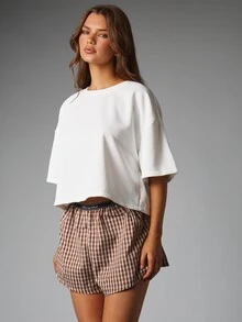 MISSGUIDED Gingham Checked Boxer Shorts And Cropped Crew Neck Sweatshirt Co-Ord Set Lounge Matching Two Piece - Multicolor - View 4