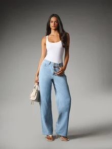 MISSGUIDED Celana Jeans Denim Potongan Lebar Warna Terang dengan Kancing Hati Emas Dekoratif di Bagian Depan, Pinggang Sedang, Panjang Penuh, Gaya Kasual Musim Panas untuk Pesta. - Biru - View 4