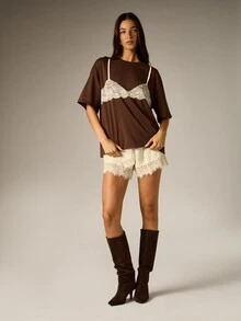 AiiRZ Oversized Boxy Crew Neck Short Sleeve Solid T-Shirt Relaxed Fit Drop Shoulder Casual Everyday Essential Top - Brown - View 3