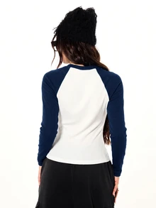 SUMWON WOMEN Raglan Long Sleeve Crop Top With Graphic Cross Print, New York City East Coast 1996 Sleeve Script, Ribbed Fitted Baseball Tee - Navy Blue - View 2