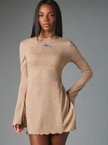 MISSGUIDED Long Sleeve Bell Cuff Mini Dress With Crew Neck Lettuce Hem Fit And Flare Silhouette Logo Patch Detail Party Season Autumn Winter - Khaki - View 6