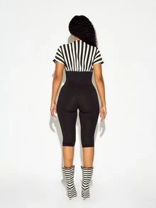 SUMWON WOMEN Deep Plunge Striped Batwing Sleeve Lace-Up Corset Cropped Jumpsuit One-Piece Bodysuit Party Night Out - Black - View 5
