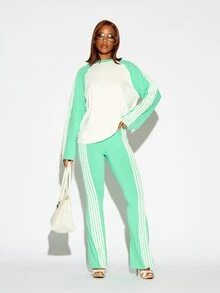 SUMWON WOMEN Flared Leg Stretch Pull-On Pants With Side Stripe Detail High Waist Bell Bottom Silhouette Festival Spring Summer Casual - Green - View 2