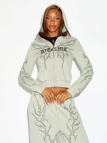 SUMWON WOMEN Cropped Full-Zip Hoodie With Gothic Bite Me Text And Thorn Graphic Print On Sleeves And Back Halloween - Grey - View 1