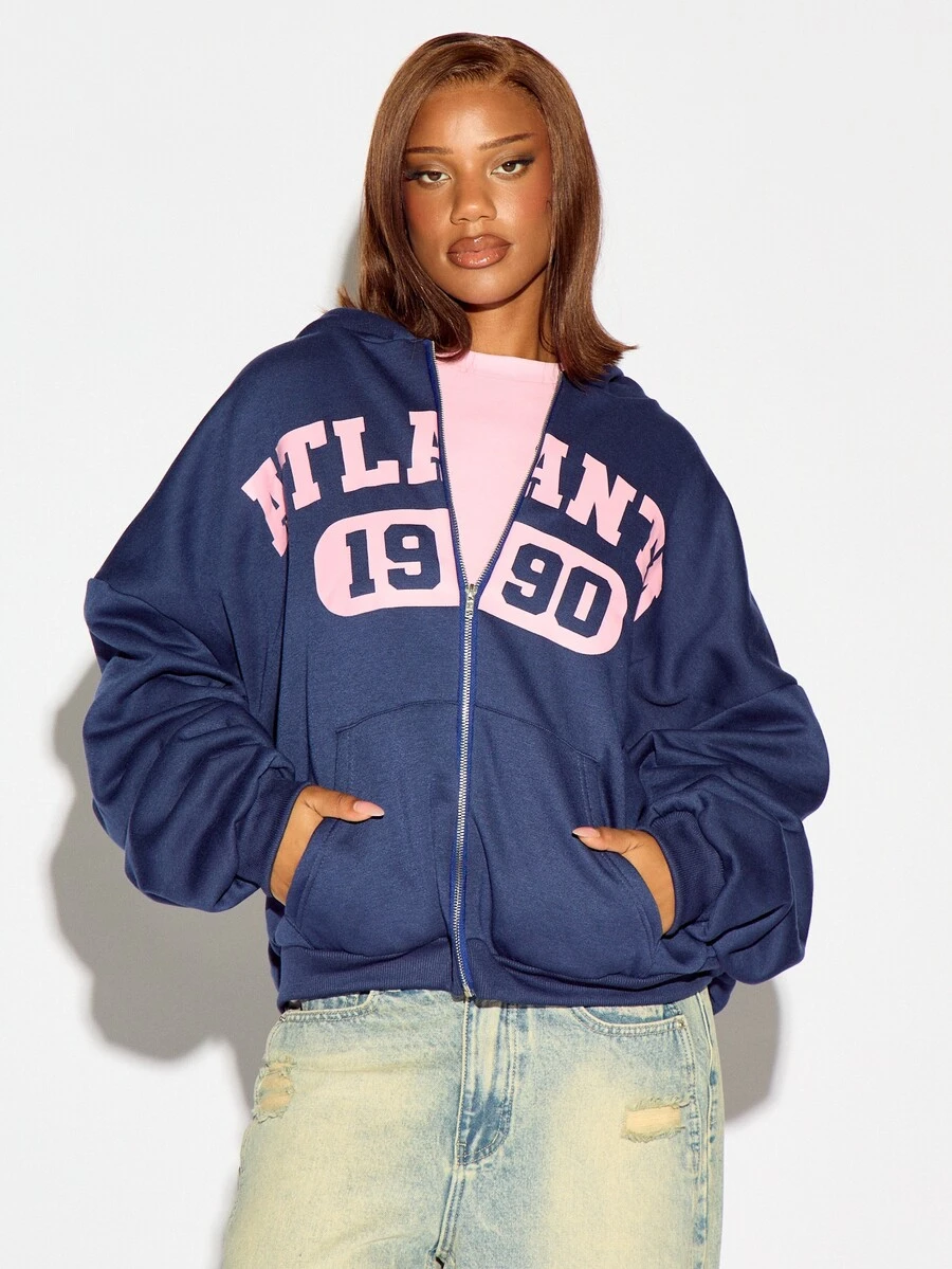 SUMWON WOMEN Winter Essentials Atlanta 1990 Varsity Print Oversized Full-Zip Crop Sweatshirt With Centre Pocket And Long Sleeves Fall Winter Autumn Warm Cozy - Navy Blue - View 1