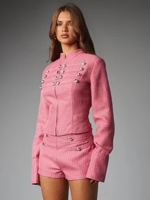 MISSGUIDED Pink Tweed Cropped Military Jacket With Stand Collar Silver Button Detail Zip Closure And Long Sleeves Perfect For Holiday Party Season - Pink - View 4