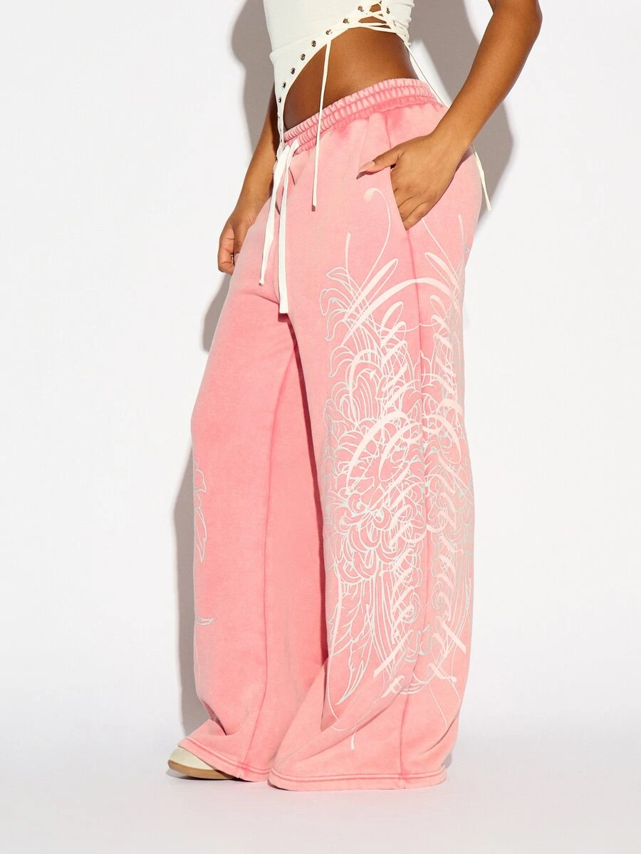 SUMWON WOMEN Wide Leg Floral Graphic Sweatpants With Drawstring Waist And Side Pockets In Washed Finish For Spring Summer Casual Everyday Wear - Pink - View 1