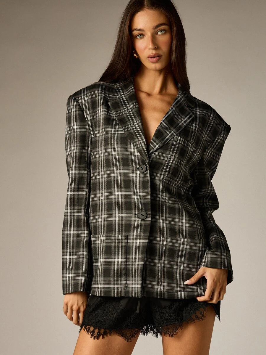 AiiRZ Oversized Plaid Blazer With Notch Lapel Button Closure And Patch Pockets Tailored Structured Jacket For Fall Winter Smart Casual Occasions - Multicolor - View 1