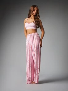 MISSGUIDED Striped Heart Print Bralette And Wide Leg Pajama Set Scoop Neck Crop Top Lounge Co-Ord Valentine's Day Sleepwear Set - Pink - View 3